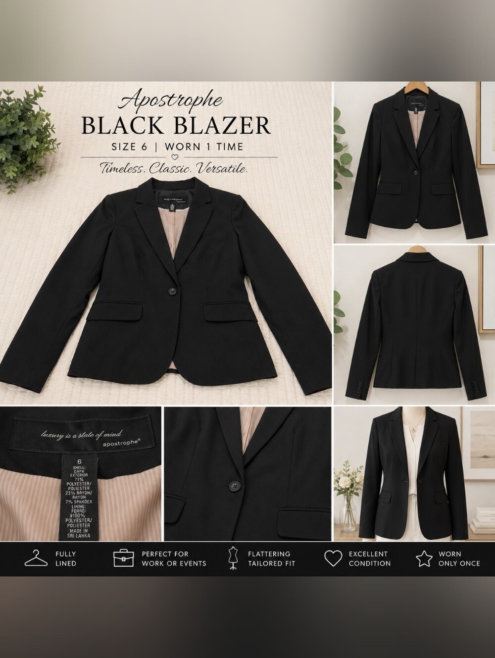 🦚Apostrophe Black Lined Blazer | Size 6 | Classic One-Button Career Jacket